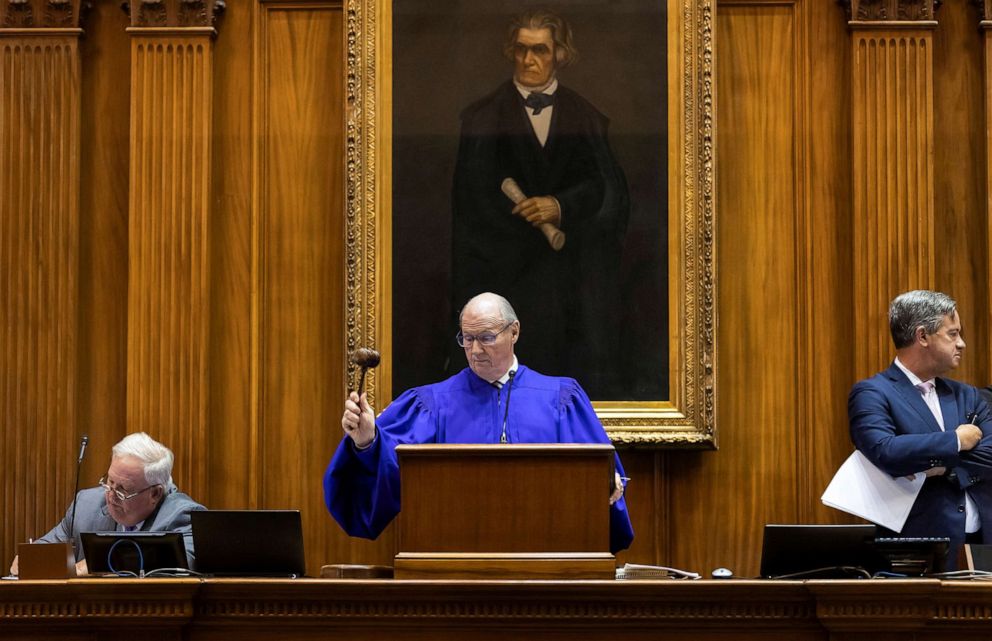 PHOTO: South Carolina State Senate President Thomas C. Alexander gavels a vote closed as members debate a new ban on abortion with no exceptions for pregnancies caused by rape or incest at the state legislature in Columbia, S.C., Sept. 7, 2022.