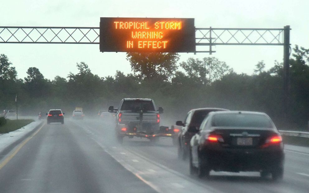 PHOTO: Traffic travels down I-74/76 in Leland, N.C. as Tropical Storm Isaias moves towards North Carolina, Aug. 3, 2020.