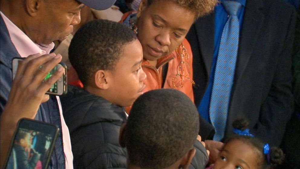 PHOTO: Jeremiah Harvey, 9, speaks at an event in Flatbush, Brooklyn, Oct. 16, 2018, after he was accused by Teresa Klein of grabbing her backside at a deli.