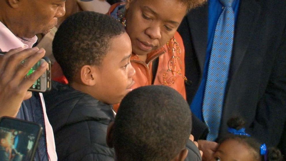 PHOTO: Jeremiah Harvey, 9, speaks at an event in Flatbush, Brooklyn, Oct. 16, 2018, after he was accused by Teresa Klein of grabbing her backside at a deli.