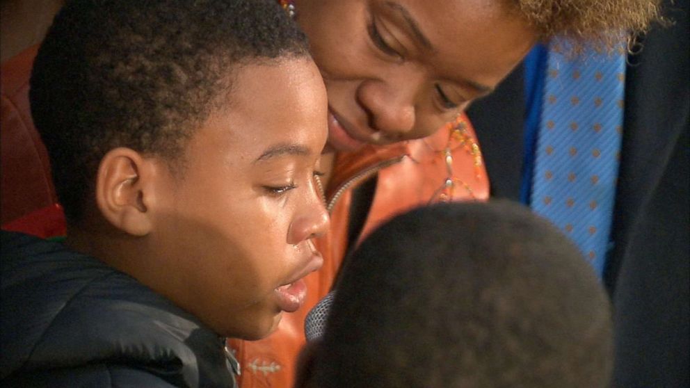 PHOTO: Jeremiah Harvey, 9, speaks at an event in Flatbush, Brooklyn, Oct. 16, 2018, after he was accused by Teresa Klein of grabbing her backside at a deli.