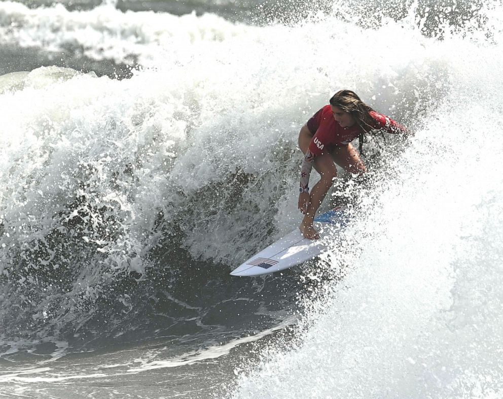 PHOTO: Caroline Marks of the United States competes during Tokyo 2020 women's round 3 heat of surfing at Tsurigasaki Surfing Beach in Chiba Prefecture, Japan, July 26, 2021.