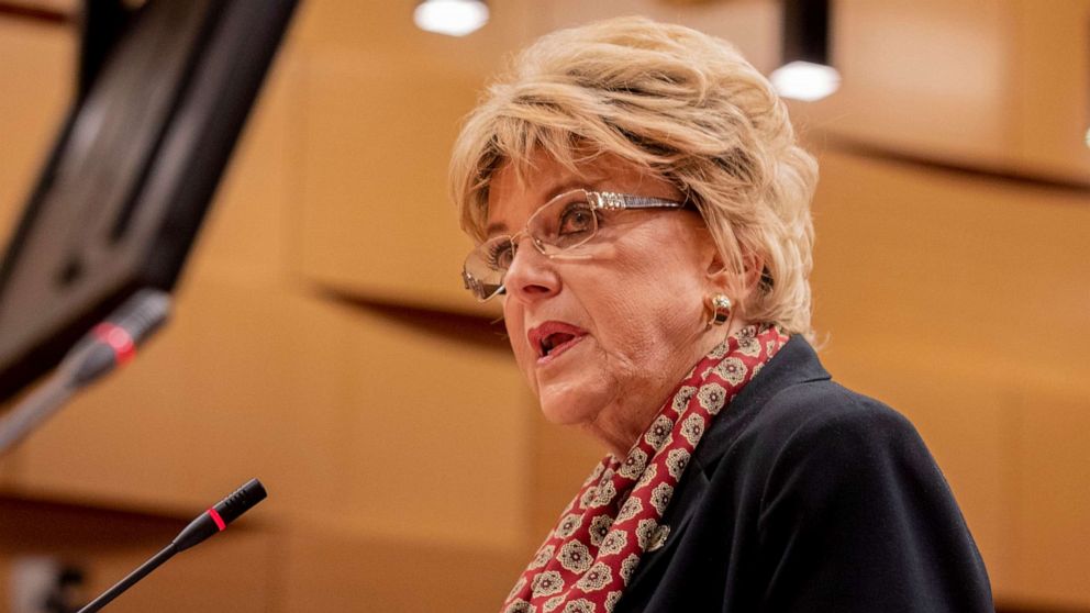 PHOTO: In this March 18, 2020, file photo, Las Vegas Mayor Carolyn Goodman delivers a statement during a public meeting at the Las Vegas City Hall Council Chambers, in Las Vegas.