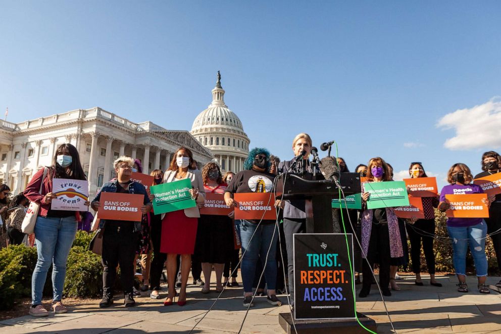 PHOTO: Congresswoman Carolyn Maloney speaks during a press conference with members of Trust Respect Access, a Texas-based reproductive rights organization, Sept. 30, 2021, in Washington, D.C.