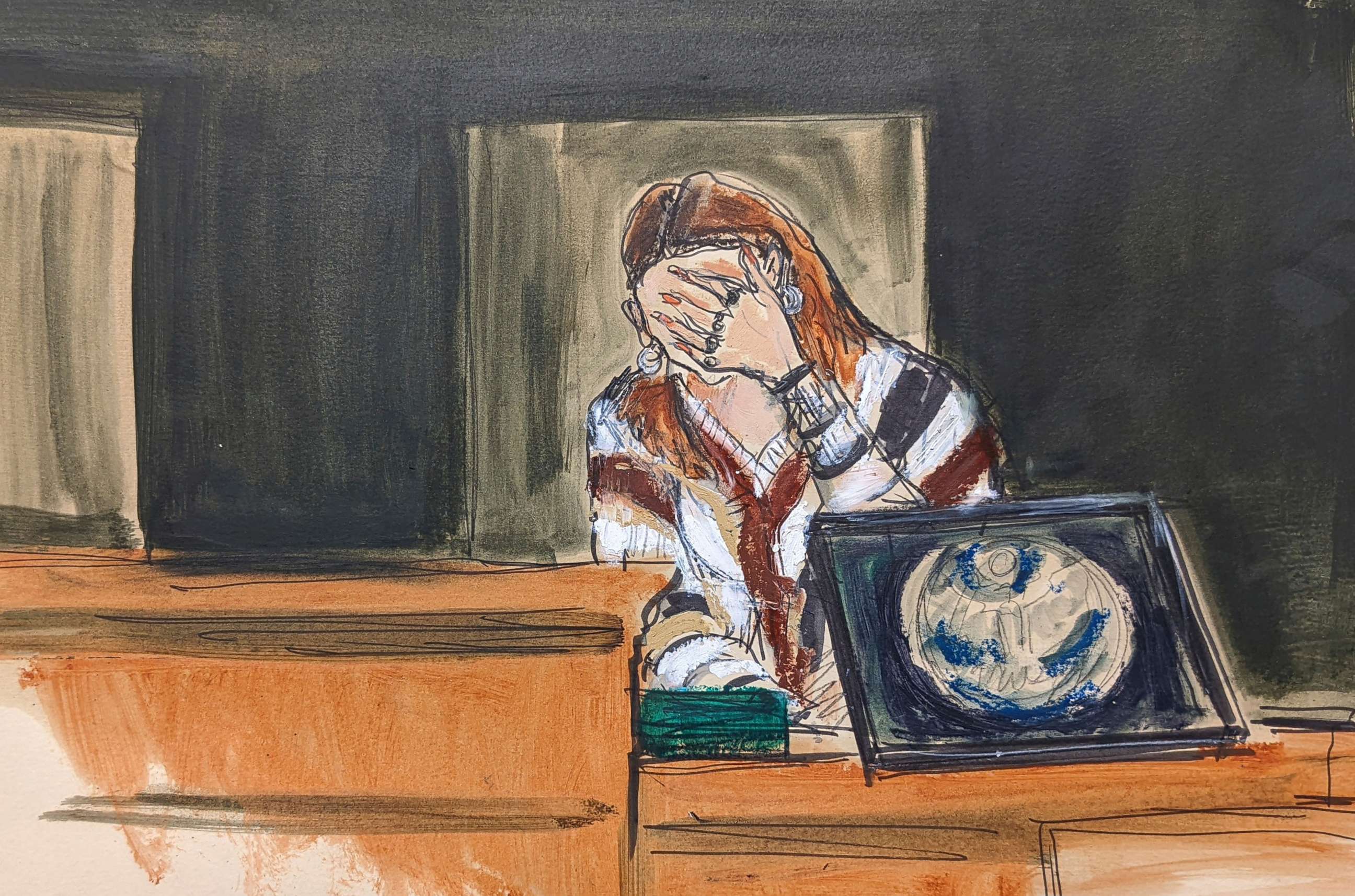 PHOTO: In this courtroom sketch, a witness testifying under the pseudonym "Carolyn," breaks down on the stand testifying about her experiences with Jeffery Epstein, during proceedings in Ghislaine Maxwell's sex-abuse trial, in New York, Dec. 7, 2021.