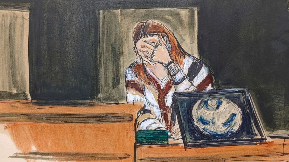 PHOTO: In this courtroom sketch, a witness testifying under the pseudonym "Carolyn," breaks down on the stand testifying about her experiences with Jeffery Epstein, during proceedings in Ghislaine Maxwell's sex-abuse trial, in New York, Dec. 7, 2021.