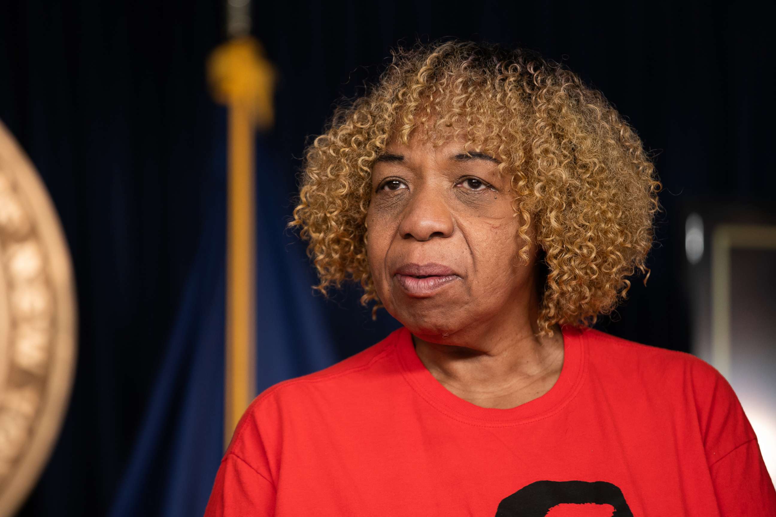 PHOTO: Gwen Carr, the mother of Eric Garner attends the daily media briefing at the Office of the Governor of the State of New York, June 12, 2020, in New York.