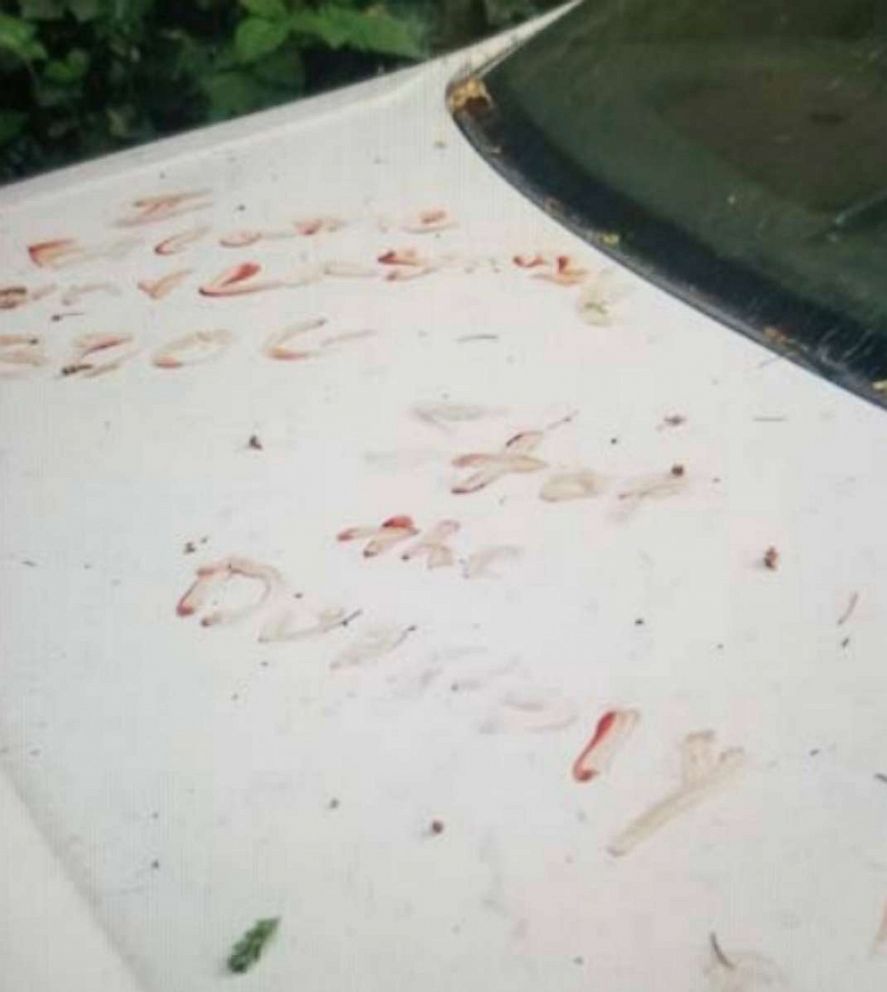 PHOTO: Steven Carillo allegedly wrote "BOOG" in his own blood on the hood of one of the cars he allegedly stole.