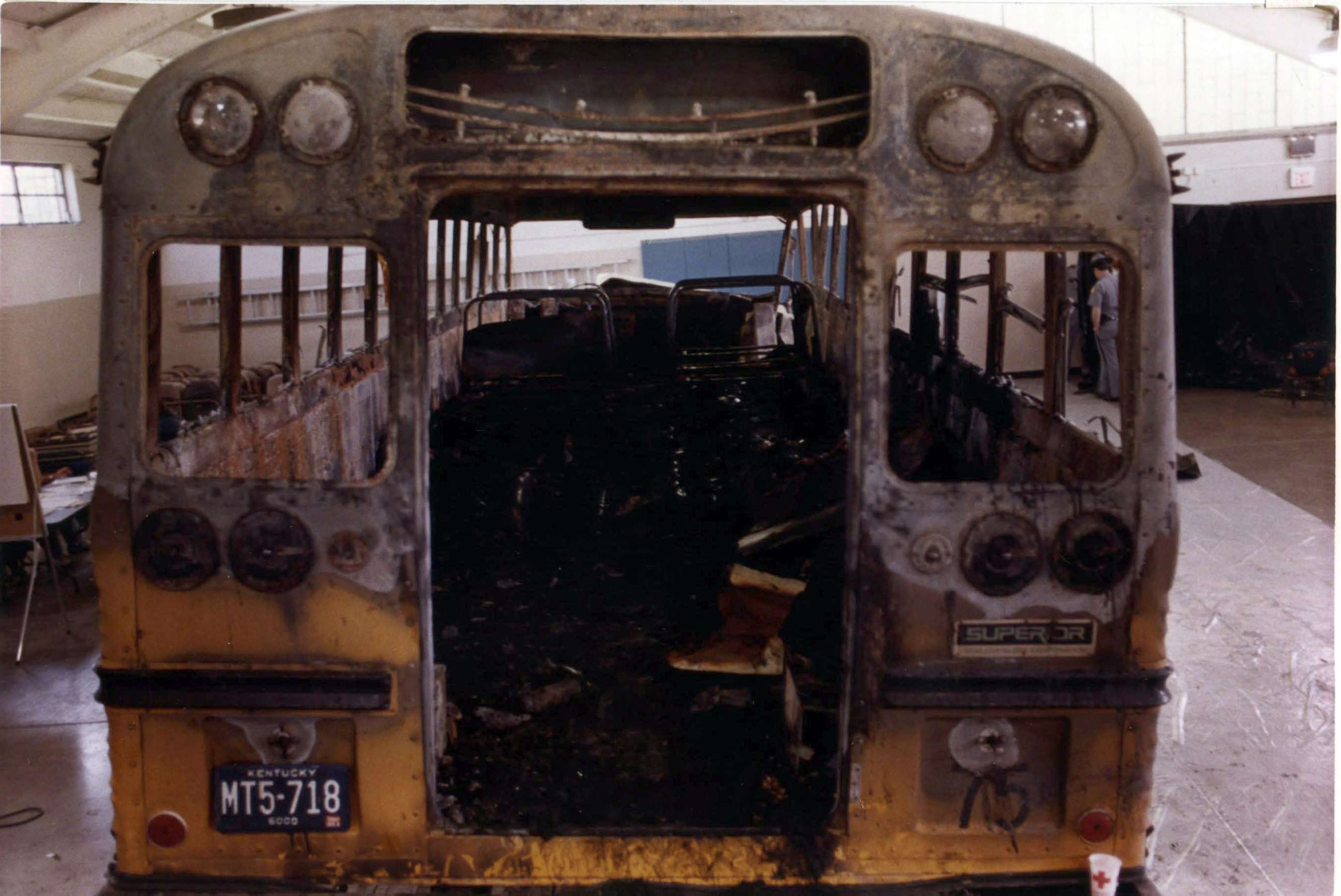 PHOTO: This May 17, 1988 file photo shows the hull of the bus that claimed the lives of 27 victims in a head-on collision with a pickup truck at a Kentucky National Guard Armory in Carrollton, Ky.