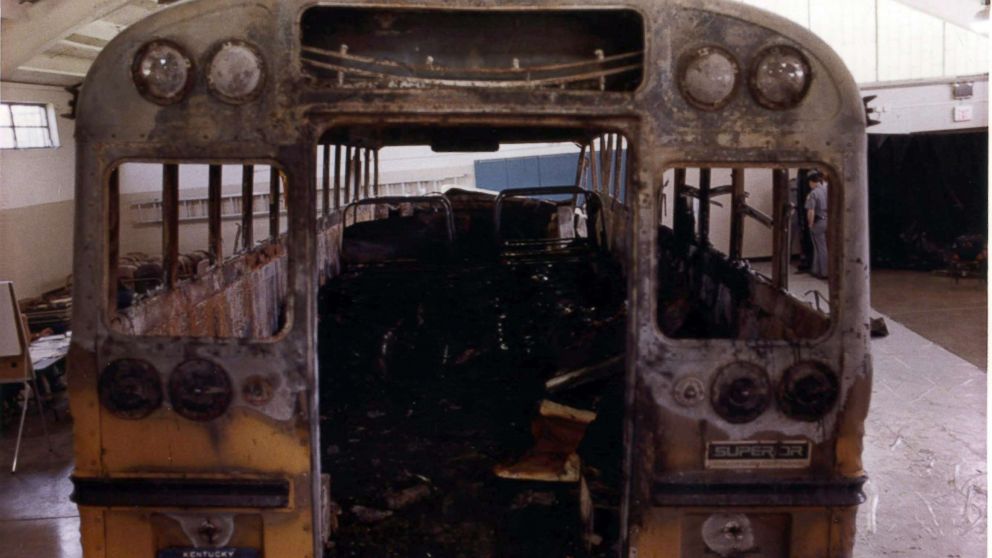 PHOTO: This May 17, 1988 file photo shows the hull of the bus that claimed the lives of 27 victims in a head-on collision with a pickup truck at a Kentucky National Guard Armory in Carrollton, Ky.