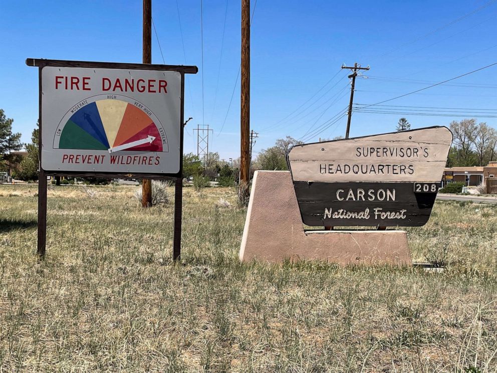PHOTO: A sign shows extreme fire danger in the Carson National Forest which is near the Hermits Peak Calf Canyon Fire, in Taos, New Mexico, May 10, 2022.