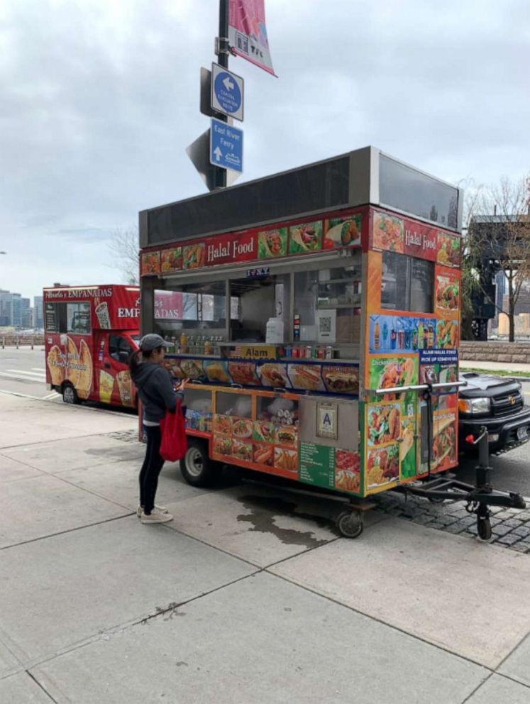 PHOTO: "Alam's" Halal cart, run by Alam Hussain, is shown in Long Island City, Queens, N.Y., on April 16, 2022.