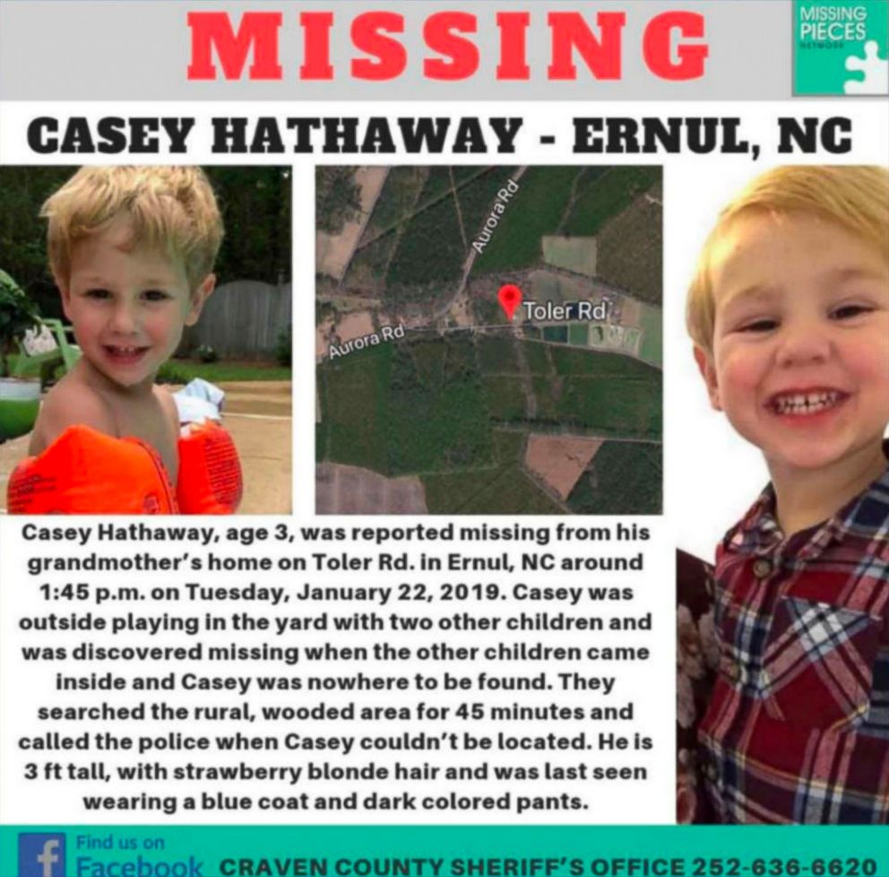 PHOTO: An online poster for missing Casey Hathaway is seen here. Authorities in N.C. said  Jan. 24, 2019, Hathaway, the 3-year-old boy who was missing for two days, has been found alive in good health near the home he disappeared from.