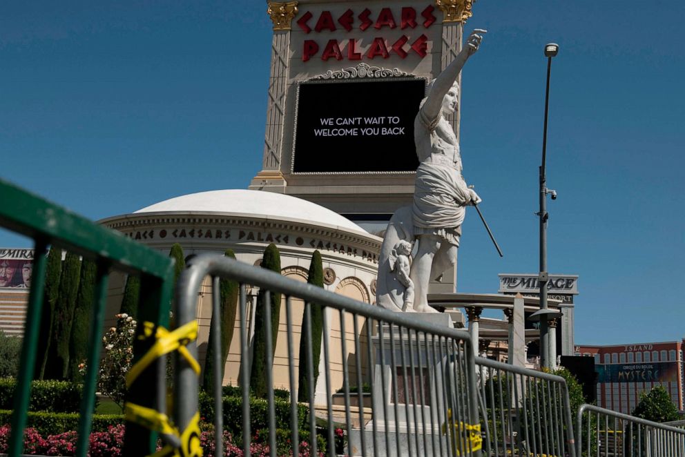 PHOTO: The entrance to Caesars Palace Hotel and Casino is barricaded along the Las Vegas Strip amid the novel coronavirus pandemic, May 8, 2020 in Las Vegas.