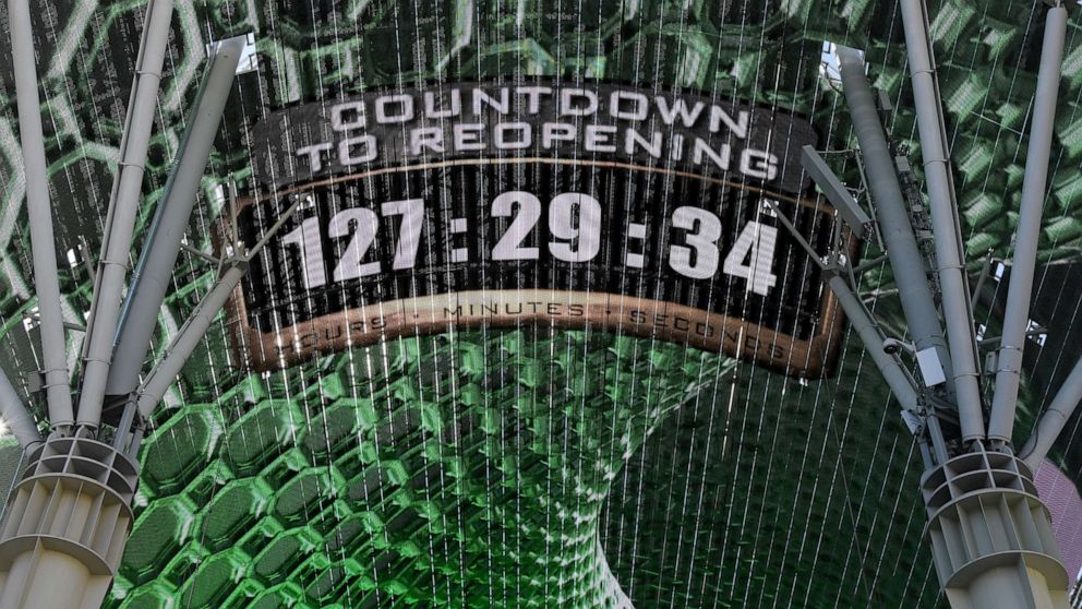 PHOTO: The Fremont Street Experience Viva Vision canopy attraction displays a countdown leading to the June 4 reopening of hotel-casinos, which have been closed due to the statewide shutdown because of the COVID-19 pandemic on May 29, 2020, in Las Vegas.