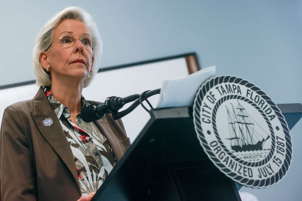 PHOTO: Tampa, Florida, Mayor Jane Castor listens to a question during a press conference regarding a city mobility plan at David M Barksdale Center in Tampa, July 18, 2023.