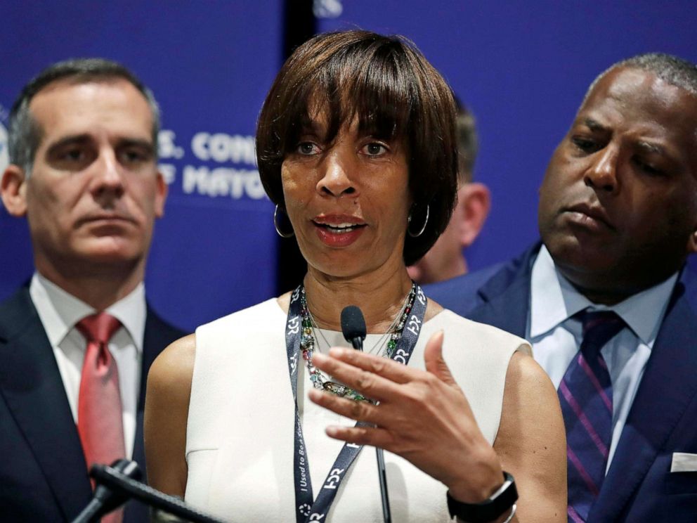 PHOTO: Baltimore Mayor Catherine Pugh addresses a gathering during the annual meeting of the U.S. Conference of Mayors in Boston, June 8, 2018. 