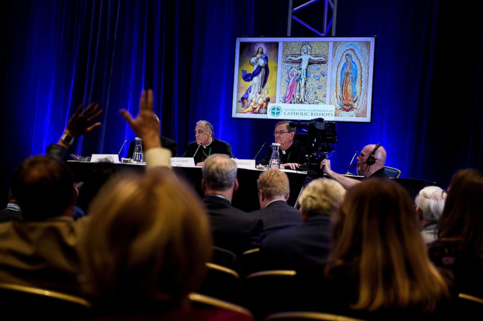 PHOTO: Galveston-Houston Cardinal Daniel DiNardo, President of the USCCB General Assembly, takes questions during a press conference at the annual Conference of Catholic Bishops, Nov. 12, 2018 in Baltimore.