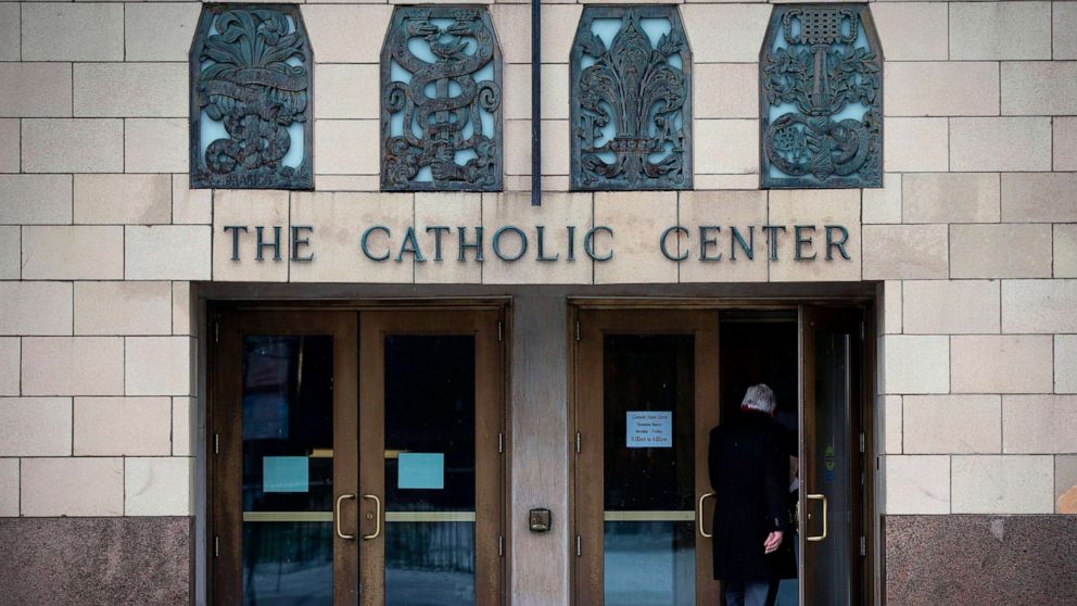 PHOTO: A man enters the Catholic Diocese of Buffalo, on Dec. 4, 2019 on Main Street in Buffalo, N.Y.