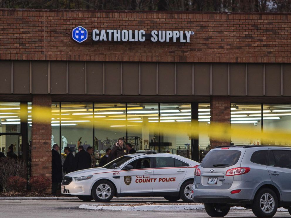 PHOTO: Authorities investigate the scene in a Catholic supply store. An armed man went to the religious supplies store, sexually assaulted at least one woman, and shot him on the head on November 19, 2018, in Ballwin, Missouri.