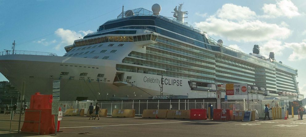 PHOTO: In this April 11, 2020, file photo, the Celebrity Eclipse cruise ship is shown docked in downtown San Diego during the COVID-19 Pandemic.