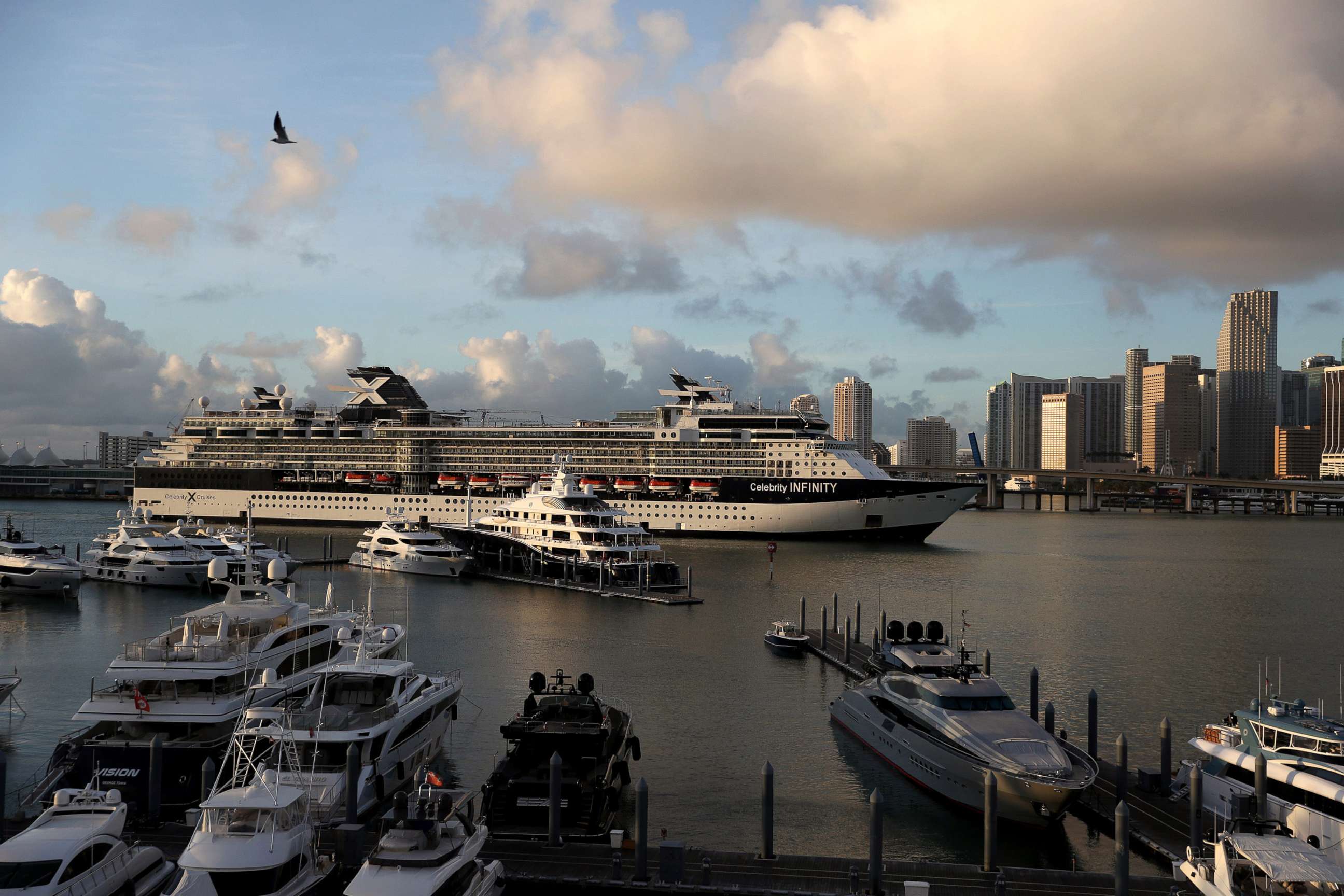 PHOTO: In this drone image, the Celebrity Infinity Cruise ship returns to PortMiami from a cruise in the Caribbean as the world deals with the coronavirus outbreak on March 14, 2020, in Miami.