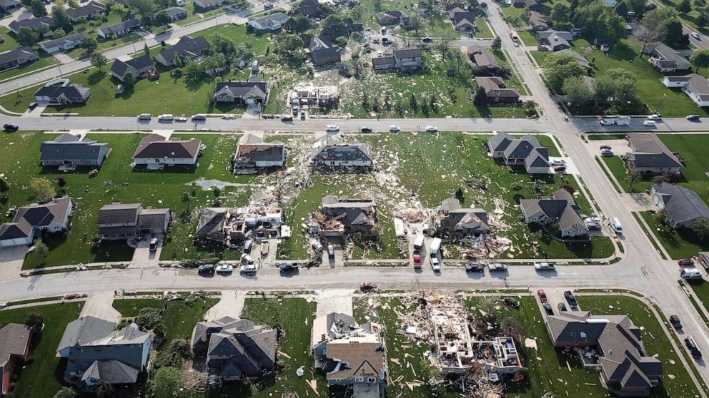 PHOTO: Damaged homes and debris mark the path of a tornado that struck Celina, Ohio, as seen from the air, May 28, 2019.