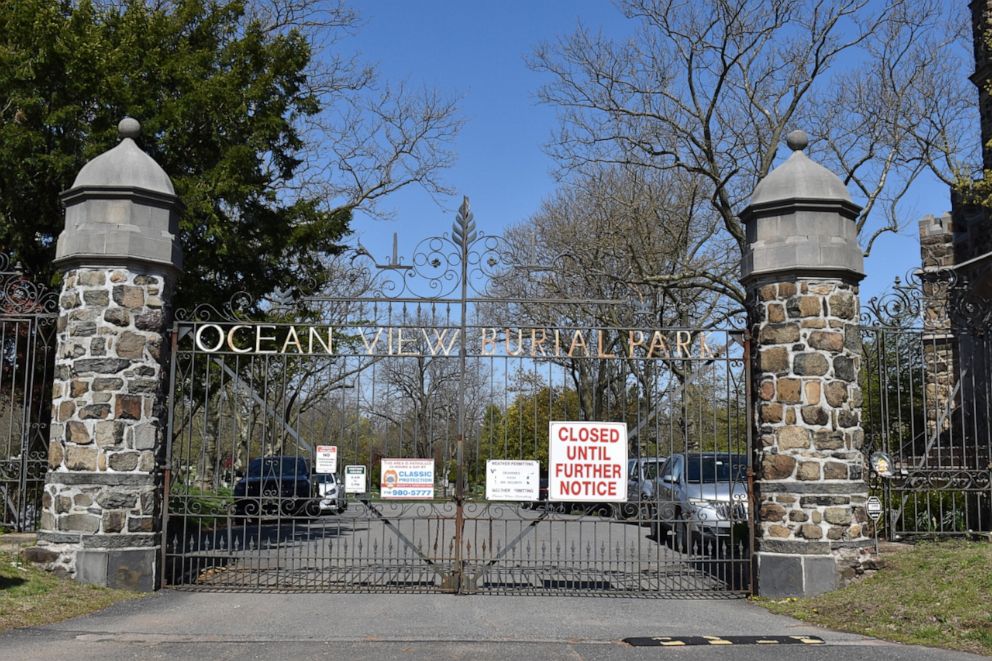 PHOTO: This April 15, 2020, photo shows a cemetery in Staten Island, NY. that is closed due to COVID-19.