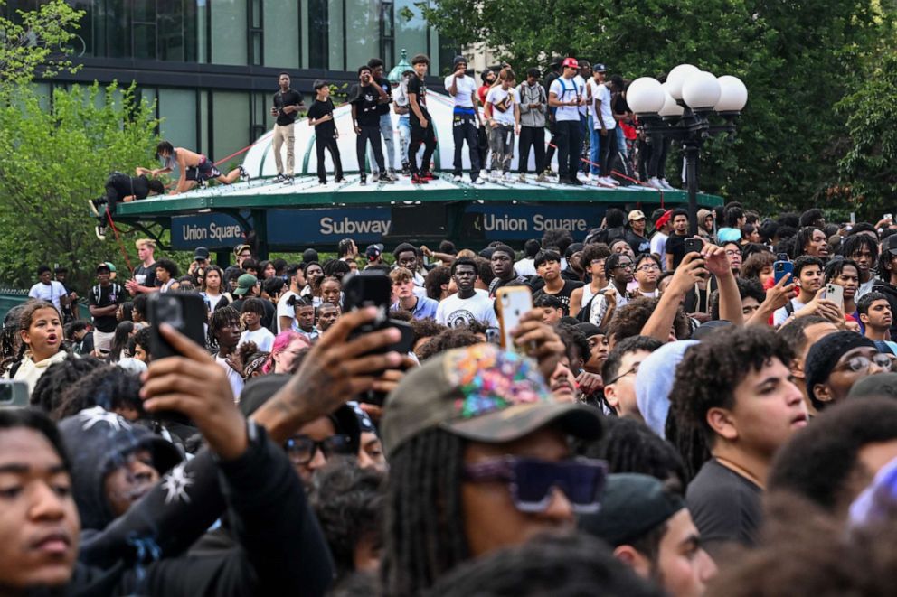 PHOTO: People gather for a "giveaway" event announced by popular Twitch live streamer Kai Cenat in Union Square and the surrounding area on Aug. 4, 2023, in New York City.