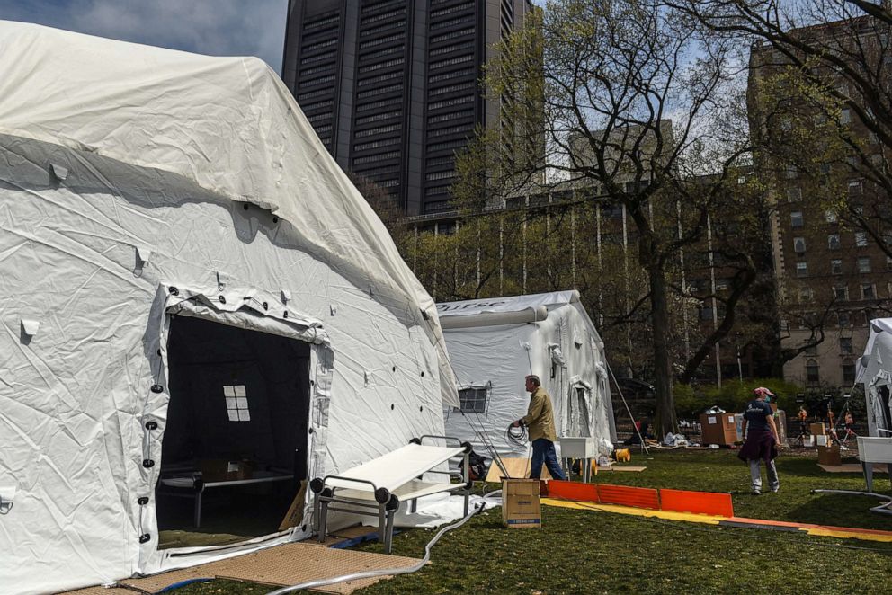 PHOTO: Tents are set up as an emergency field hospital to aid in the COVID-19 pandemic in Central Park, March 30, 2020 in New York City. 