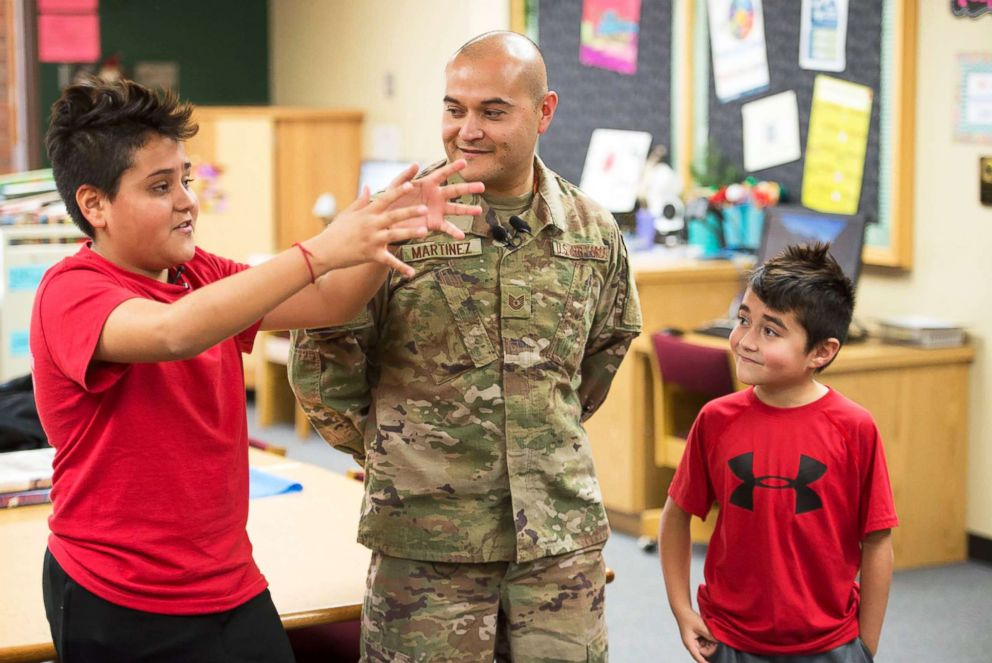 PHOTO: On Monday, U.S. Air Force Technical Sgt. Cesar Martinez dressed in the Pirrung Elementary School mascot costume in Texas to surprise his sons, Gabriel and Gavin, as he returned from a six-month tour in the Middle East.