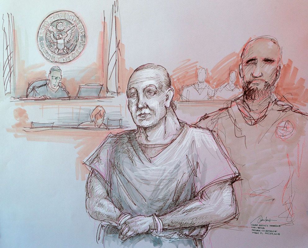 PHOTO: In this courtroom sketch, Cesar Sayoc, left, appears in federal court, Oct. 29, 2018, in Miami.