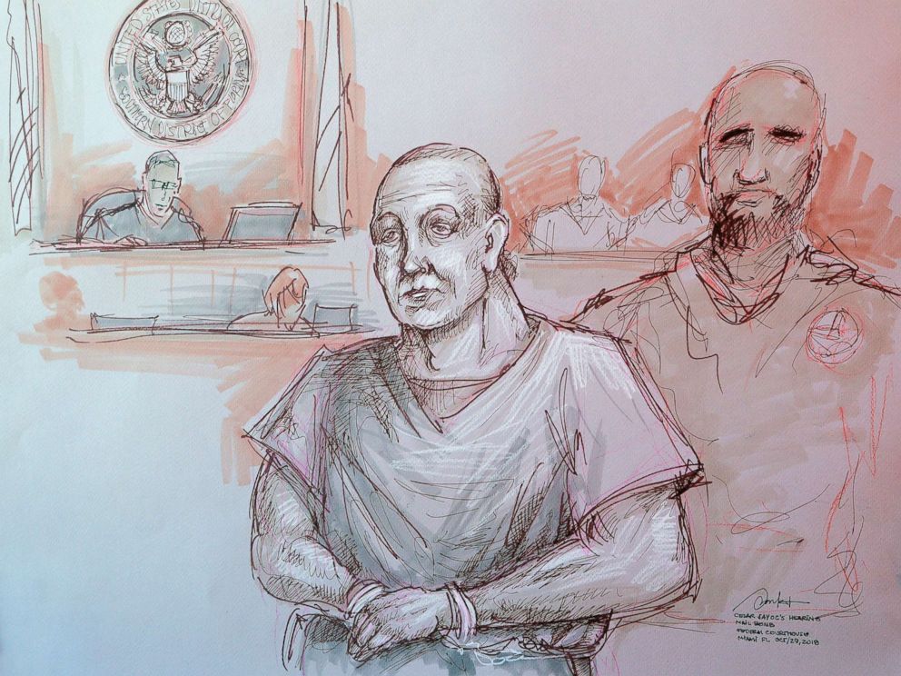 PHOTO: In this courtroom sketch, Cesar Sayoc, left, appears in federal court, Monday, Oct. 29, 2018, in Miami.