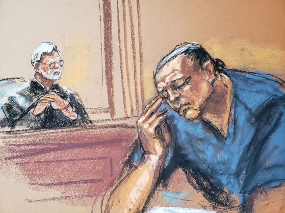 PHOTO: Cesar Sayoc, 57, is shown in this courtroom sketch as he enters his plea in Manhattan federal court, on charges in connection with the mailing of bombs to prominent Democrats and other critics of President Trump, in New York, March 21, 2019.
