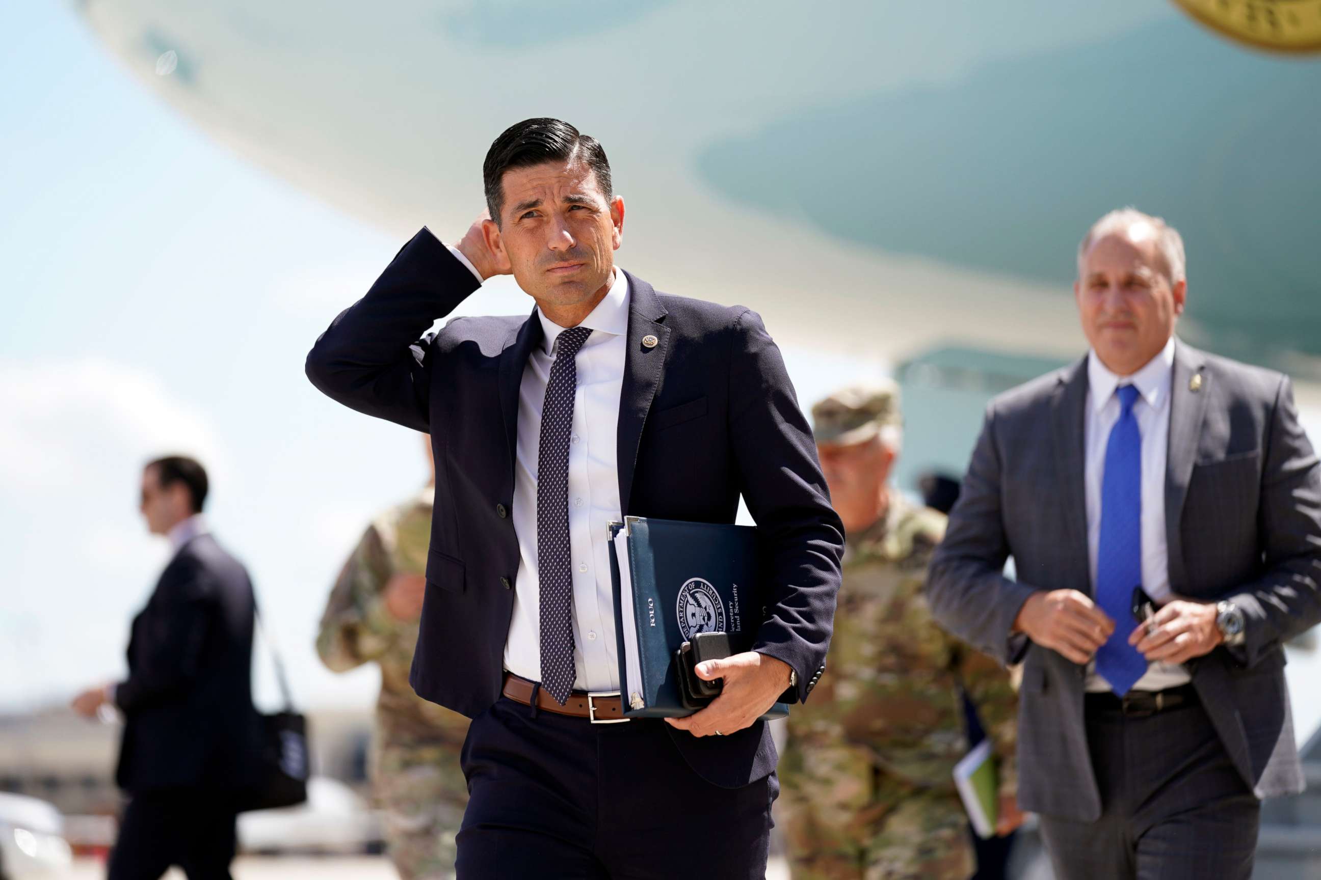 PHOTO: Department of Homeland Security Acting Secretary Chad Wolf arrives at the Eastern Iowa Airport for a briefing on derecho damage with President Donald Trump, Aug. 18, 2020, in Cedar Rapids, Iowa.