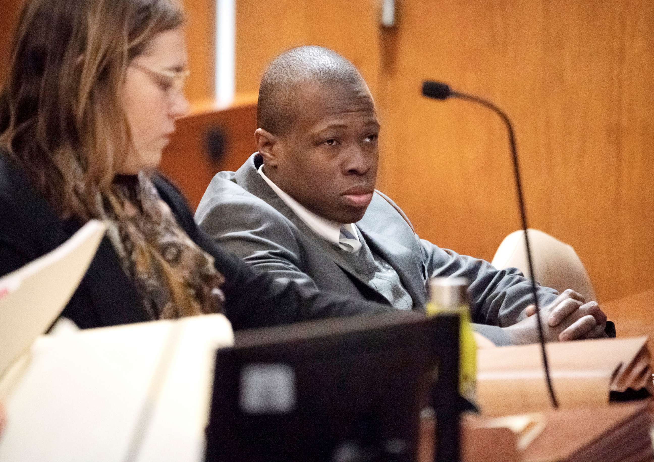 PHOTO: Defendant Chanel Lewis, right, is seated at the defense table at Supreme Court in the Queens Borough of New York, during the sixth day of his re-trial for the murder of Karina Vetrano, March 26, 2019.
