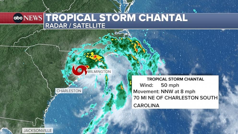 PHOTO: An ABC News graphic shows landfall of Tropical Storm Chantal as of about 5 a.m. on Sunday, July 6, 2025. 
