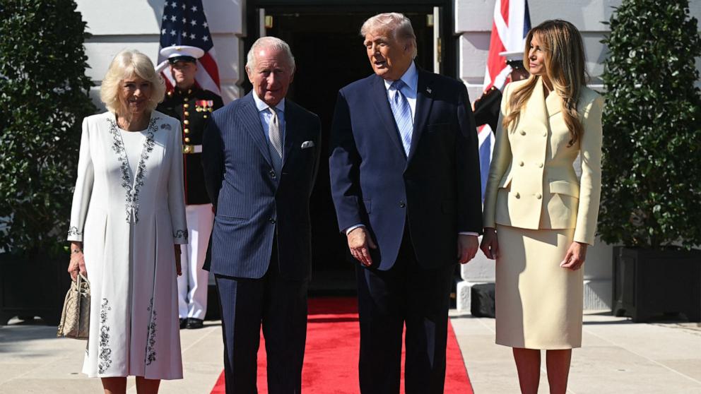 PHOTO: President Donald Trump and First Lady Melania Trump greet Britain's King Charles III and Britain's Queen Camilla upon arrival at the South Portico of the White House in Washington, April 27, 2026. 