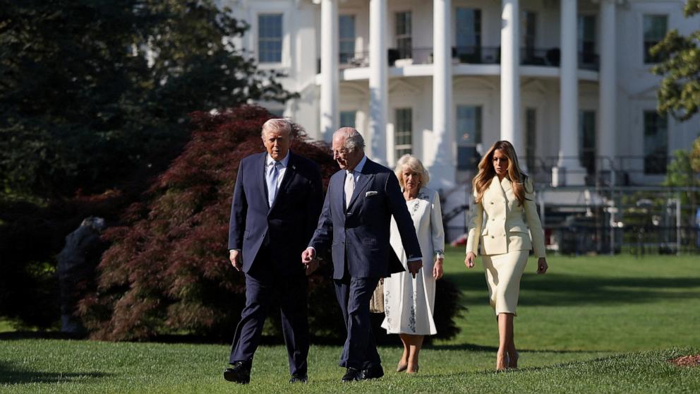 PHOTO: President Donald Trump, first lady Melania Trump, Britain's King Charles and Queen Camilla walk on the South Lawn of the White House in Washington, April 27, 2026. 