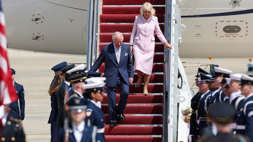 PHOTO: Britain's King Charles and Queen Camilla disembark the plane on arrival for a state visit to the United States at Joint Base Andrews, Maryland, April 27, 2026. 