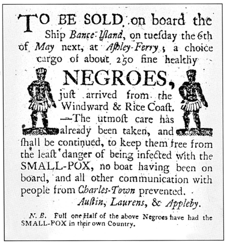 PHOTO: A newspaper advertisement circa 1780 announces the arrival of African slaves to the American colonies at Ashley Ferry outside of Charleston, S.C.