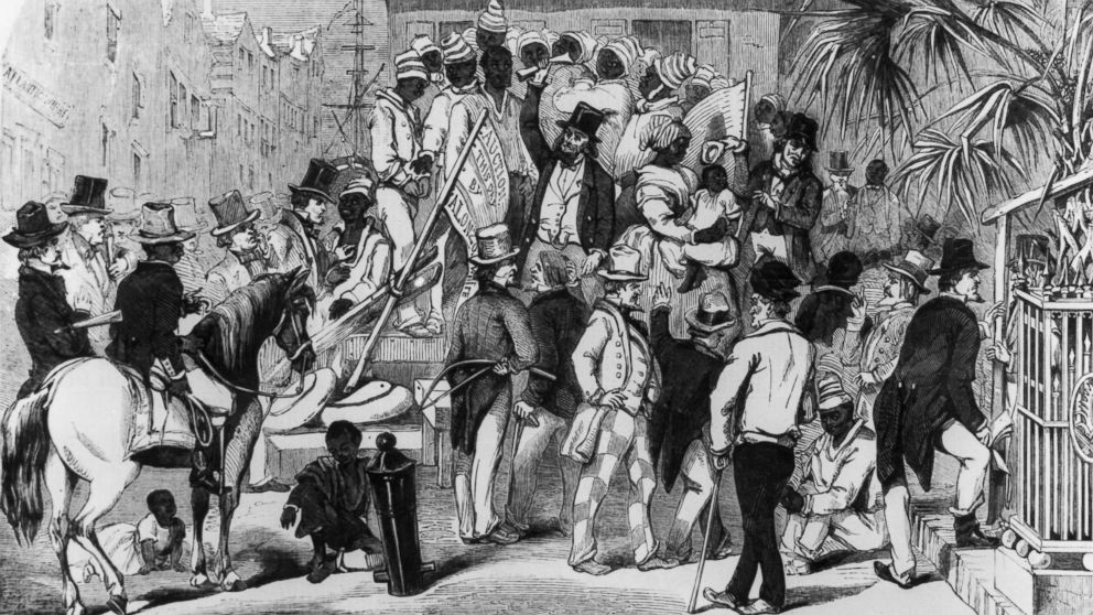 PHOTO: An engraving shows slaves being sold at auction in Charleston, S.C., circa 1860.