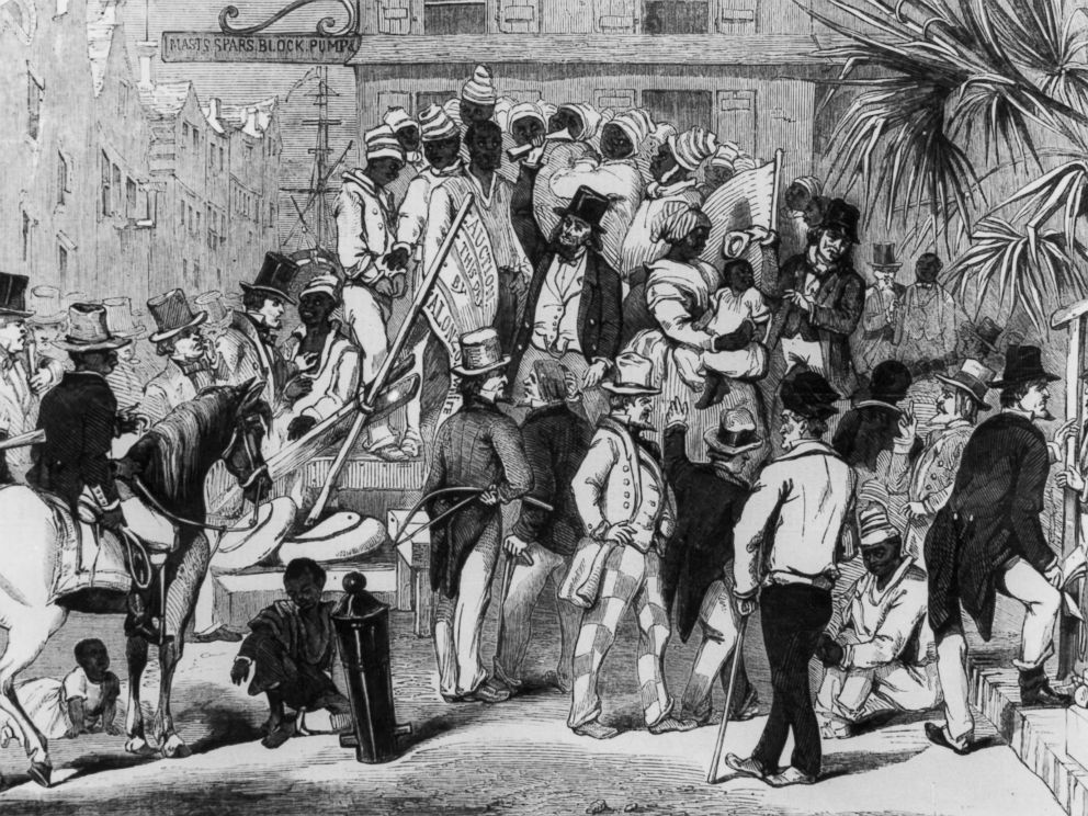 PHOTO: An engraving shows slaves being sold at auction in Charleston, S.C., circa 1860.