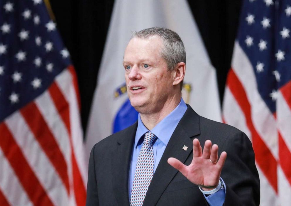 PHOTO: Mass. Gov. Charlie Baker updates the media on coronavirus cases in the state during a press conference at the Massachusetts State House in Boston, April 3, 2020. 
