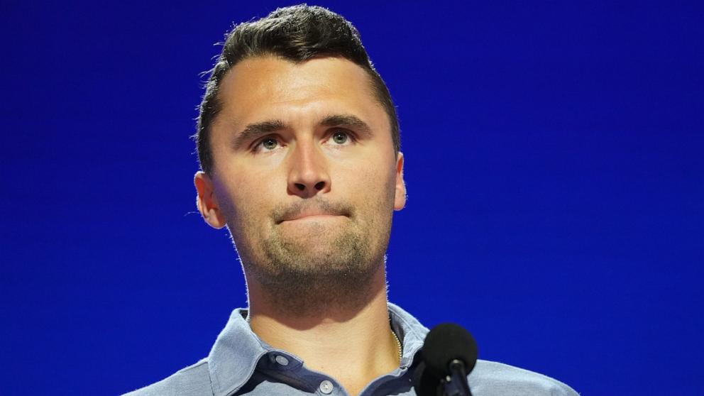 PHOTO: Turning Point USA Founder Charlie Kirk is seen onstage at the Fiserv Forum during preparations for the Republican National Conventio, July 14, 2024, in Milwaukee.