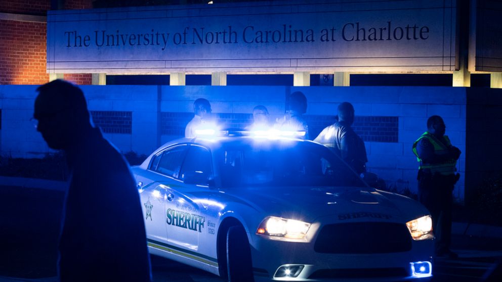 PHOTO: Police secure the main entrance to UNC Charlotte after a fatal shooting at the school, Tuesday, April 30, 2019, in Charlotte, N.C.