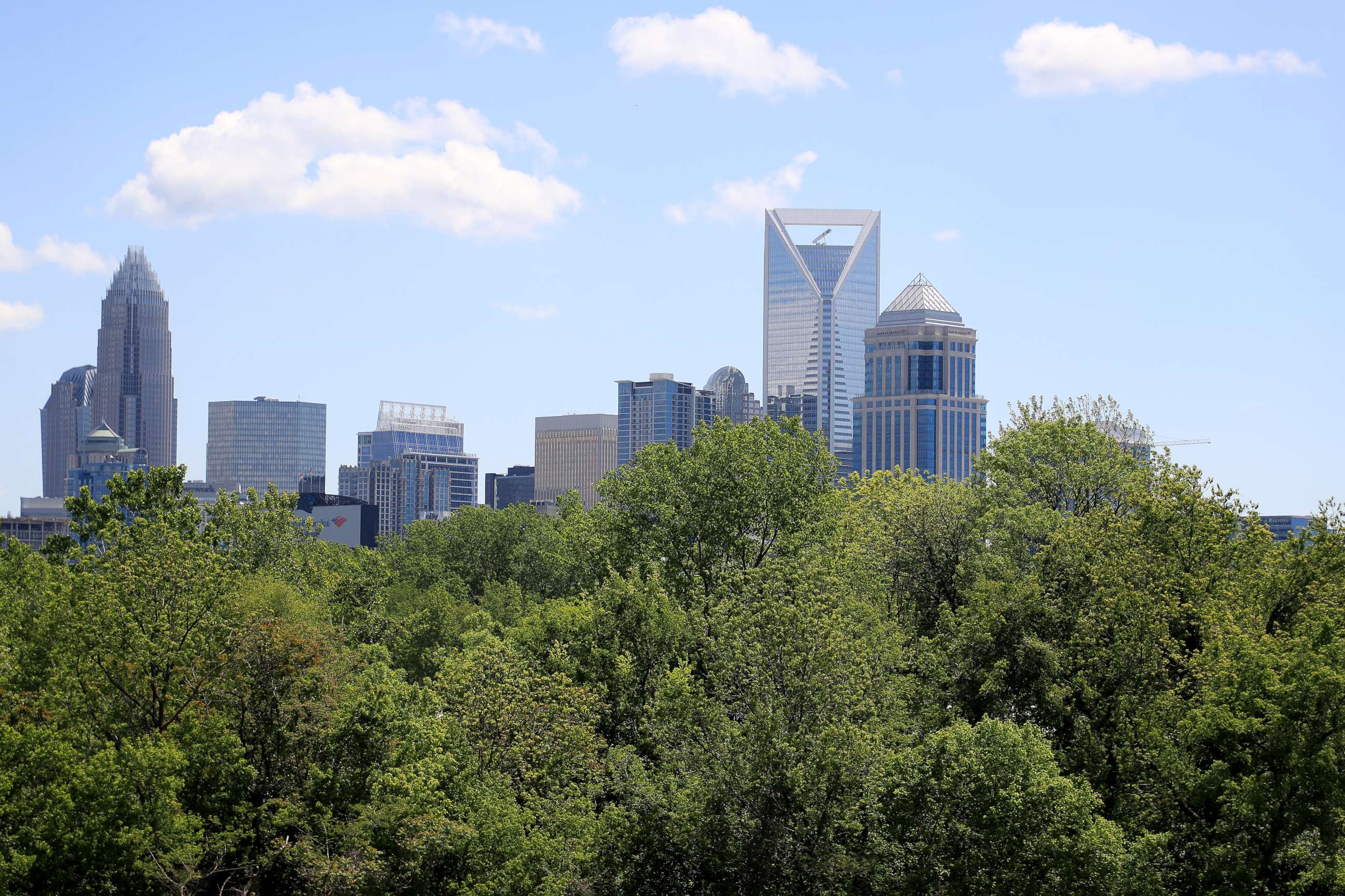 PHOTO: A general view of the Charlotte skyline on April 21, 2020, in Charlotte, N.C.