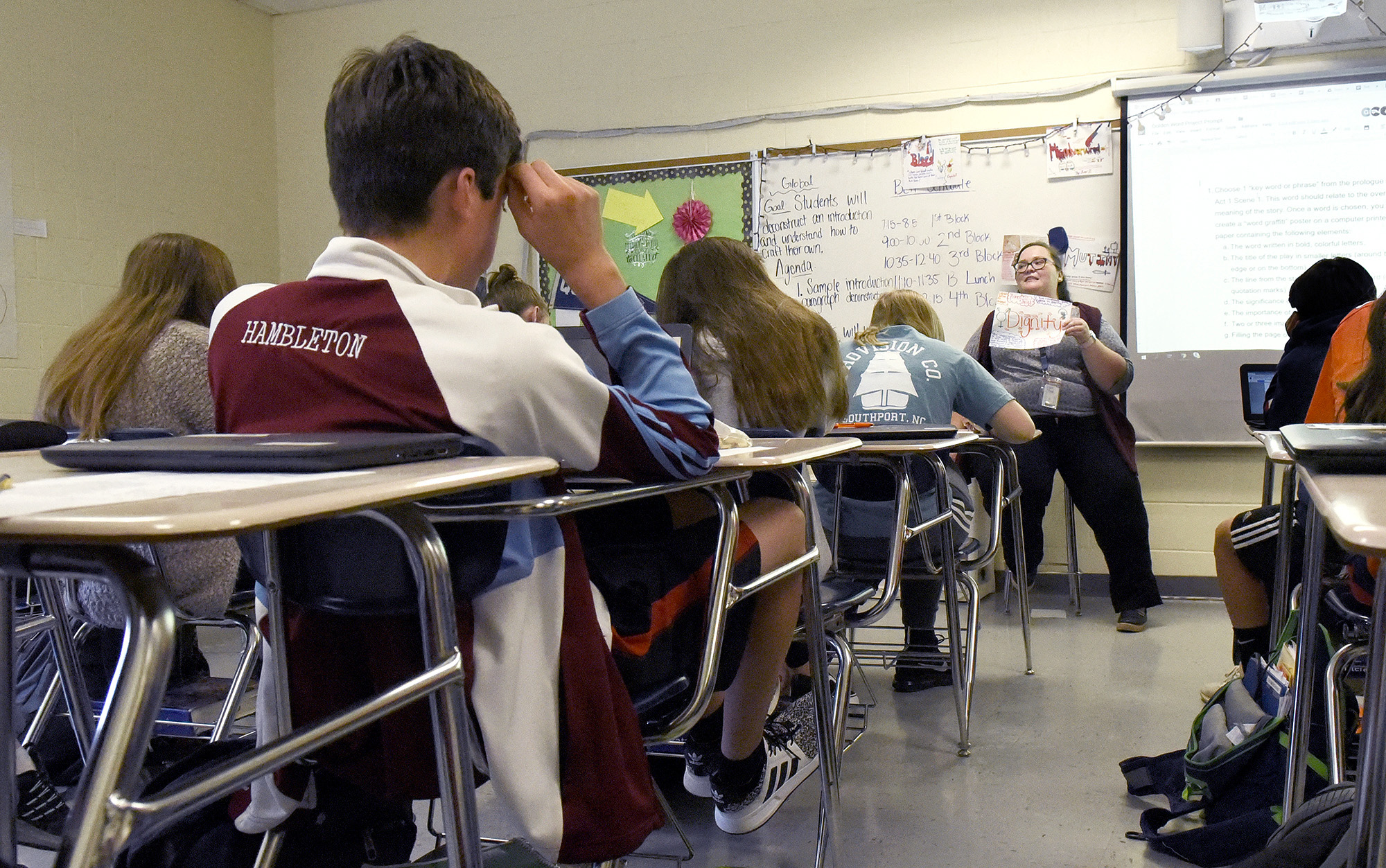 PHOTO: In this Dec. 3, 2018, file photo, shows a teacher speaking to her English One students in class at Hopewell High School in Charlotte, N.C.