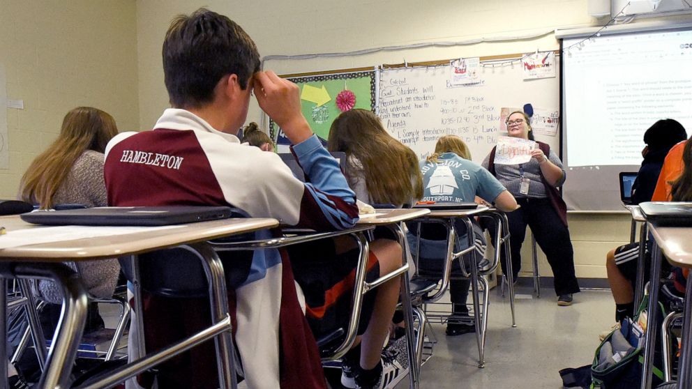 PHOTO: In this file photo from Dec. 3, 2018, shows a teacher speaking to her English One students in class at Hopewell High School in Charlotte, North Carolina