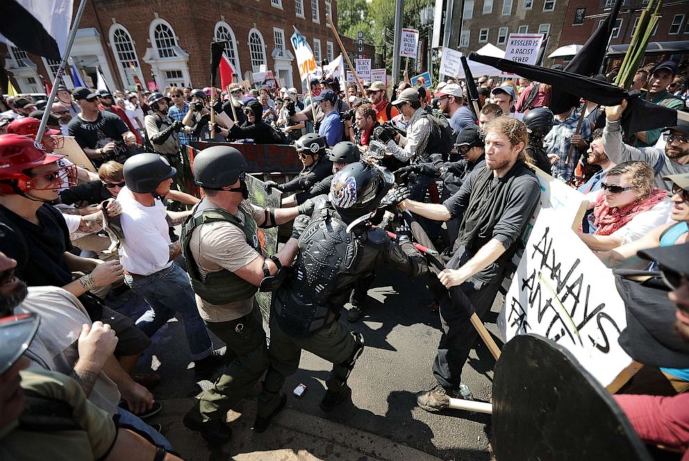 PHOTO: In this Aug. 12, 2017, file photo, white nationalists, neo-Nazis and members of the "alt-right" clash with counter-protesters as they enter Lee Park during the "Unite the Right" rally in Charlottesville, Va.